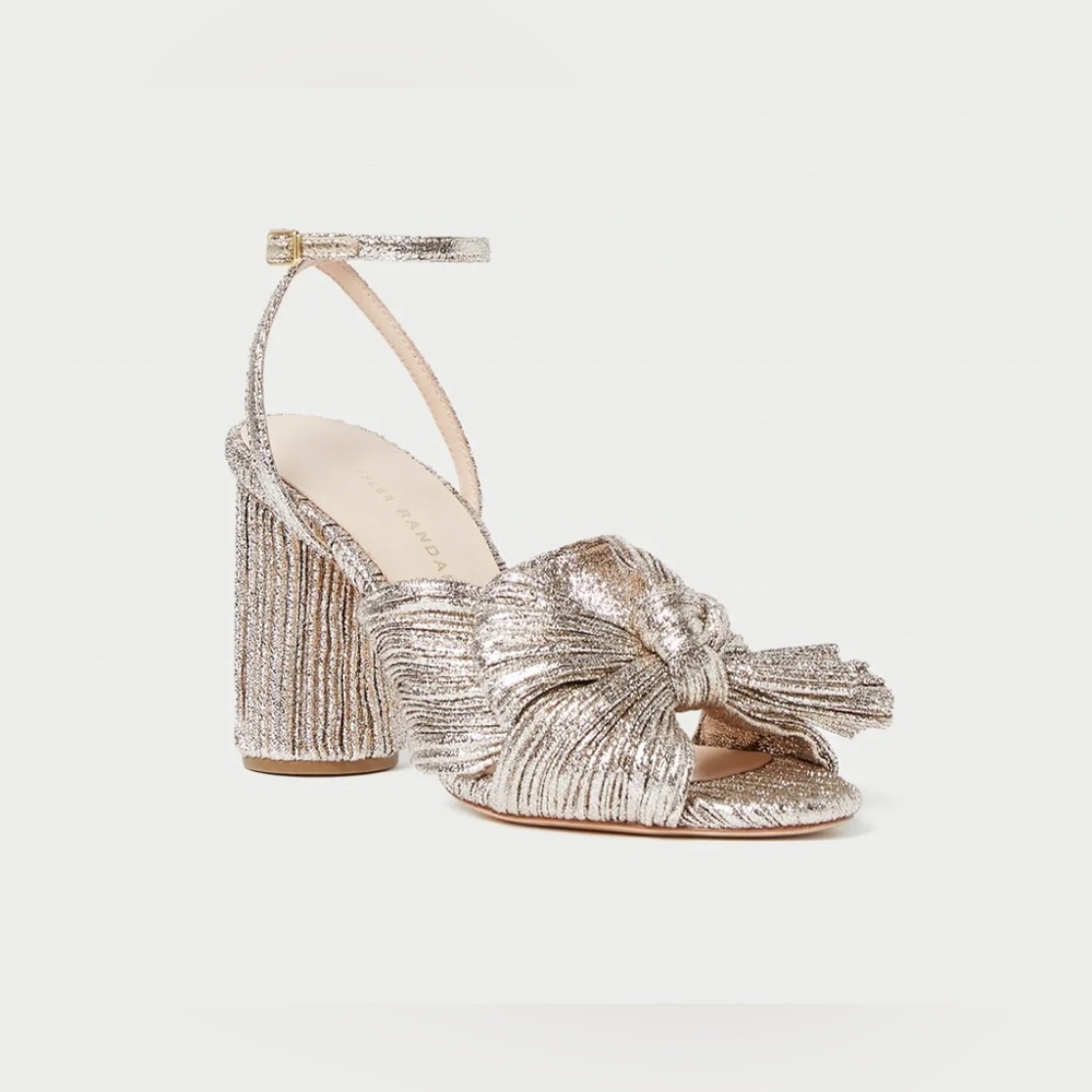 NIB LOEFFLER RANDALL CAMELLIA CHAMPAGNE PLEATED BOW ROUND HEEL - Picture 2 of 11